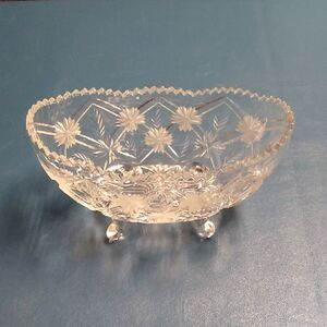 Oblong Four Footed Crystal Bowl Saw Tooth Floral Design